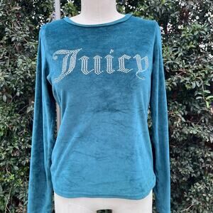 Juicy Couture Green Embellished Velour Velvet Top Long Sleeve Shirt Women’s Med